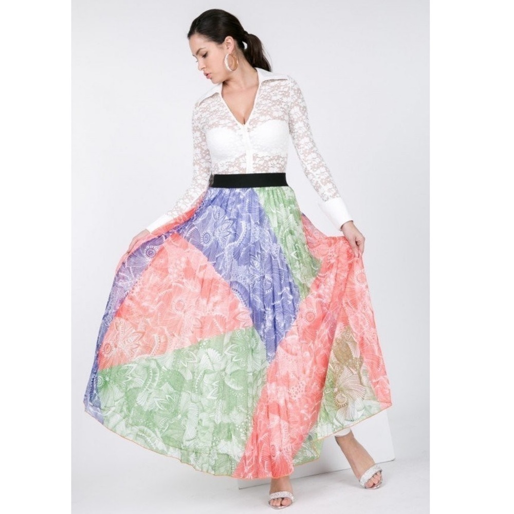 COLORFUL COLORBLOCK PLEATED MAXI SKIRT